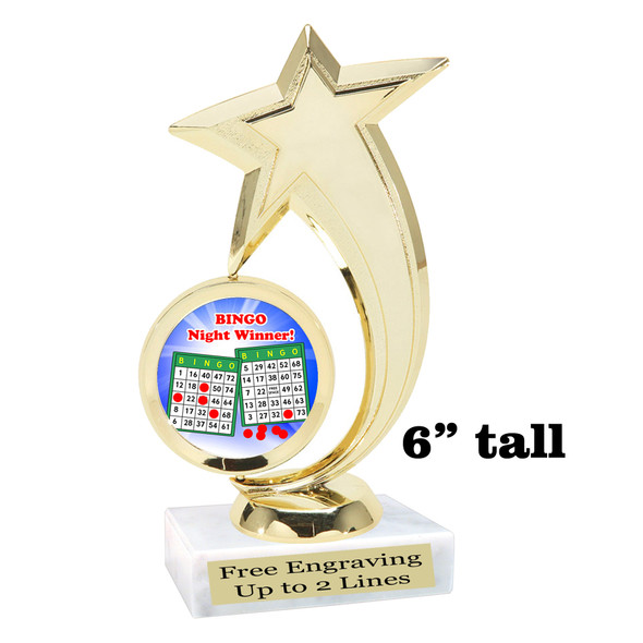 BINGO!  trophy.  6"tall with choice of insert design.  Great award for your Bingo games and  Family Game Nights! 6061g