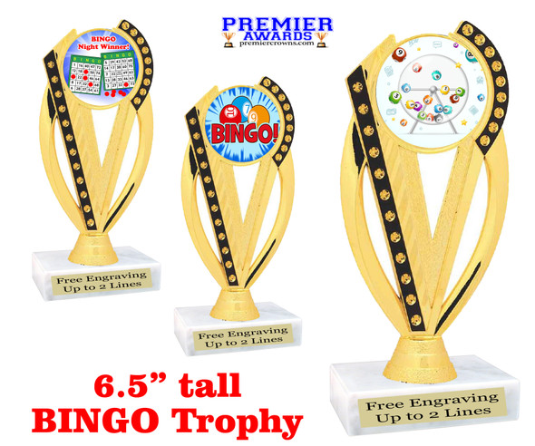 BINGO!  trophy.  6"tall with choice of insert design.  Great award for your Bingo games and  Family Game Nights! ph76