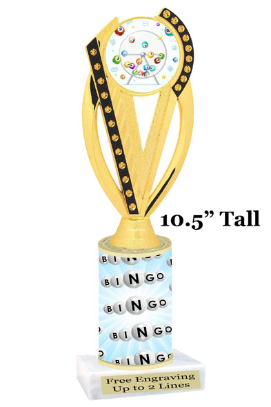 BINGO!  trophy.  10.5"tall with choice of insert design.  Great award for your Bingo games and  Family Game Nights! ph76