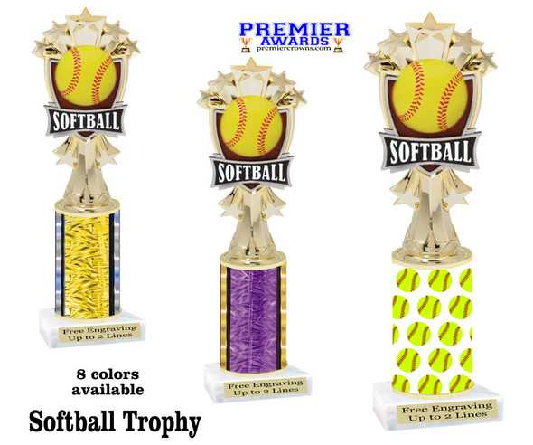 Softball trophy.   choice of base and column color. Numerous trophy heights available. Great for your teams, schools and more!  3262