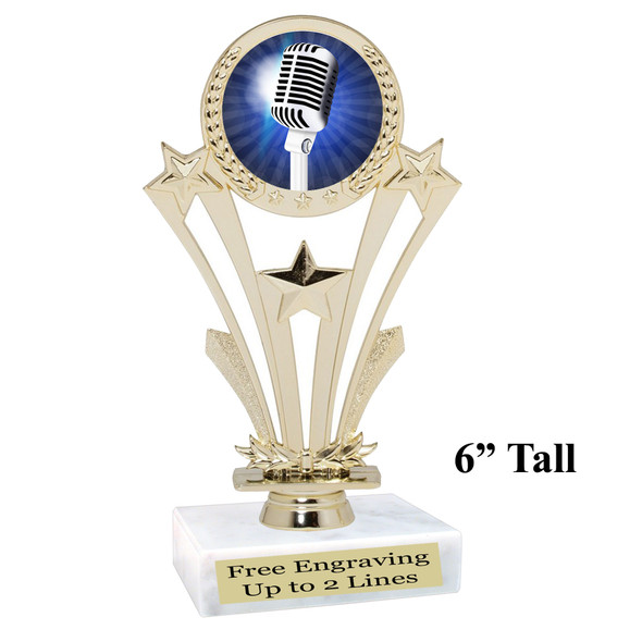 Karaoke-Music Trophy.  6" tall trophy with choice of artwork. Great for your singing contests, schools, family karaoke and more.  H416