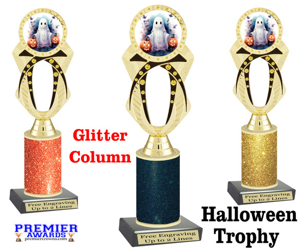 Halloween Trophy with glitter column. Choice of glitter color and height.  Great award for your pageants, events, contests,  parties and more. ph29 -1