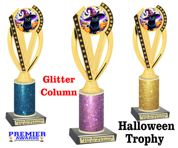 Halloween Trophy with glitter column. Choice of glitter color and height.  Great award for your pageants, events, contests,  parties and more. ph76