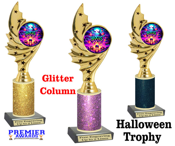 Halloween Trophy with glitter column. Choice of glitter color and height.  Great award for your pageants, events, contests,  parties and more. ph98