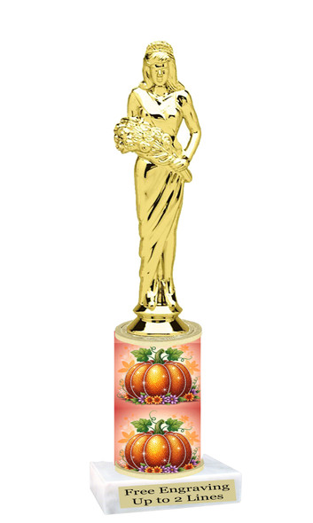 Fall or Halloween theme trophy.  Great for your Fall events, Halloween pageants, events, contests and more. Choice of figure, height and base.  Sub 3