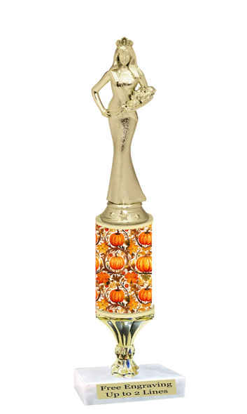 Fall theme trophy.  Great for your Fall events,  pageants, events, contests and more. Choice of figure, height and base.  Height starts at 10" tall Sub 2