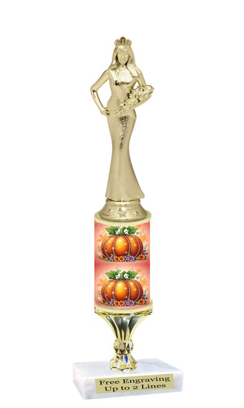 Fall theme trophy.  Great for your Fall events,  pageants, events, contests and more. Choice of figure, height and base.  Height starts at 10" tall Sub 3