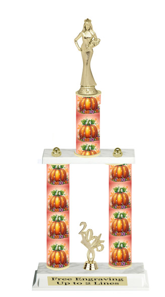 2-Column Fall theme trophy.  Great for your Fall events,  pageants, events, contests and more. Choice of  figure & height.  Height starts at 14" tall Sub 3