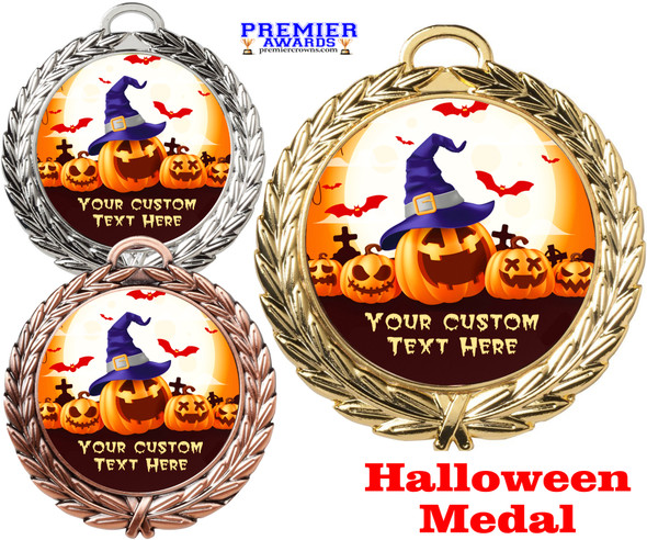 Custom Halloween  theme medal. Great medal for all of your Fall pageants, events, contests and more. Available in gold, silver or bronze finish. (md52