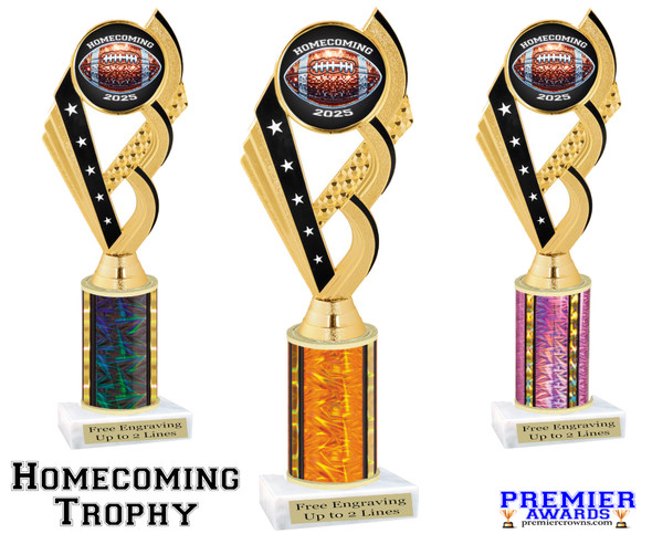 Homecoming theme trophy for you participants, courts, escorts and more. Numerous trophy heights available.  Choice of column color