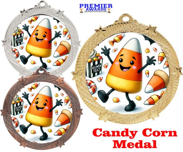Candy Corn Halloween  theme medal. Great medal for all of your Fall - Halloween pageants, events, contests and more. Available in gold, silver or bronze finish. (950-2