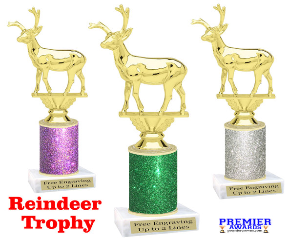 Reindeer theme Glitter trophy. Choice of column and trophy height.   Great for all of your holiday events and contests. 