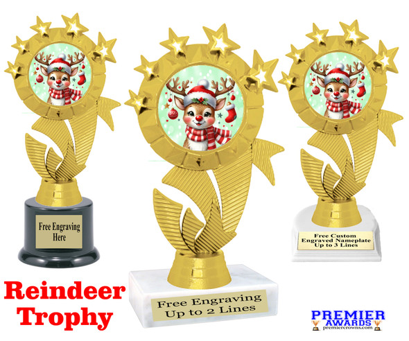 Reindeer trophy.  Great for your for your Christmas-Winter themed pageants, contests and more. 6" - 8" tall.  ph48