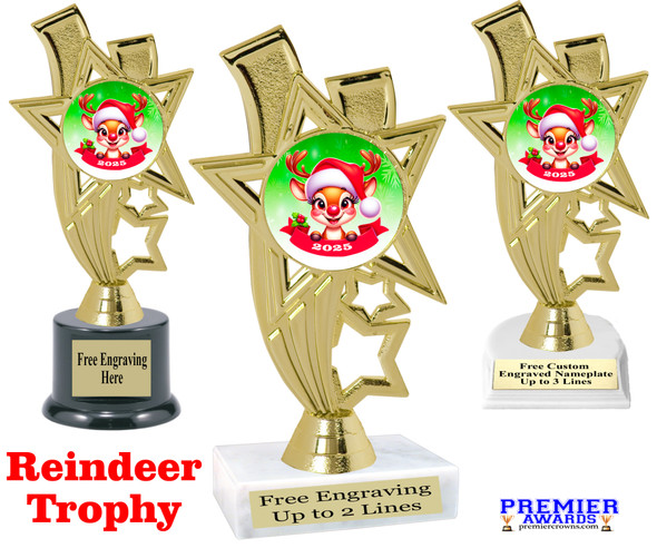 Reindeer trophy.  Great for your for your Christmas-Winter themed pageants, contests and more. 6" - 8" tall.  ph81