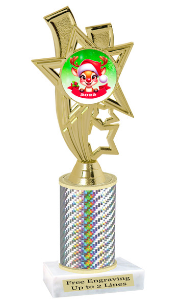 Reindeer theme trophy.  Great for your for your Christmas-Winter themed pageants, contests and more. Choice of color and trophy height..  ph81