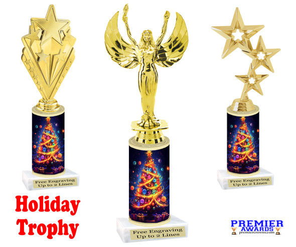 Holiday Tree theme trophy. Choice of figure.  10" tall or 12" tall- Great for all of your holiday events and contests. sub 1