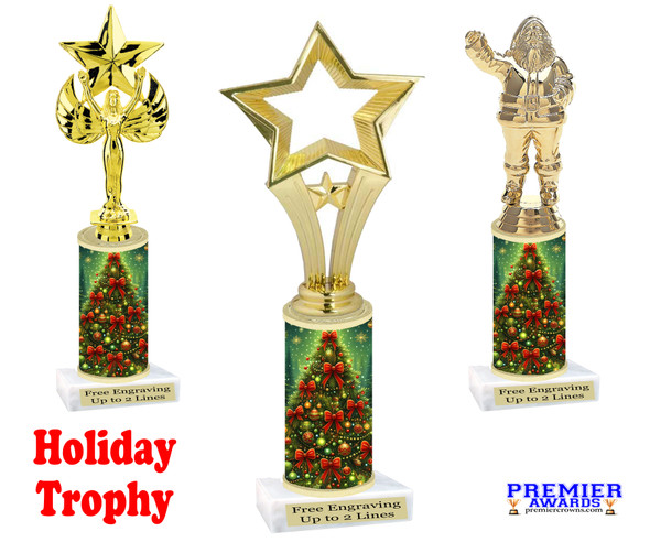 Holiday Tree theme trophy. Choice of figure.  10" tall or 12" tall- Great for all of your holiday events and contests. sub 3