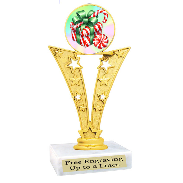 Festive trophy for  Holiday events, Pageants, Holiday contests and more!  6" to 8" tall with choice of base  91546