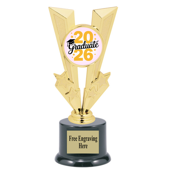 Graduation theme trophy. Celebrate their achievement with this beautiful trophy! 6" to 8" tall with choice of base.  92746-2