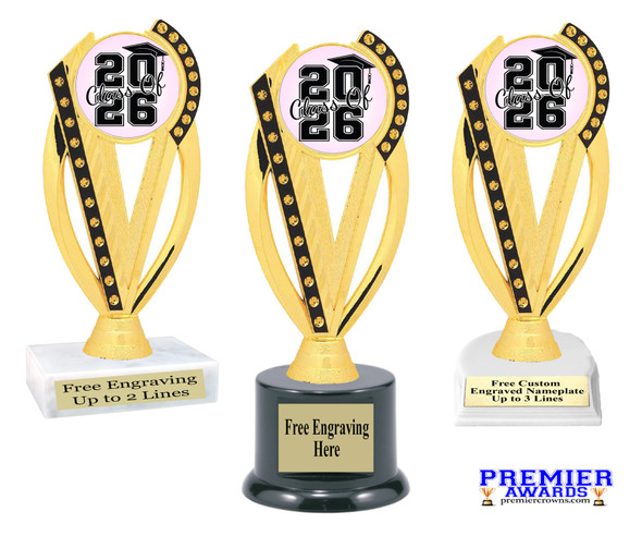 Graduation theme trophy. Celebrate their achievement with this beautiful trophy! 6" to 8" tall with choice of base.  ph76-2