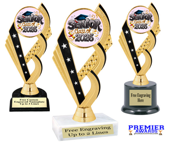 Graduation theme trophy. Celebrate their achievement with this beautiful trophy! 6" to 8" tall with choice of base.  ph104