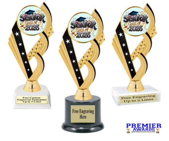 Graduation theme trophy. Celebrate their achievement with this beautiful trophy! 6" to 8" tall with choice of base.  ph104-2