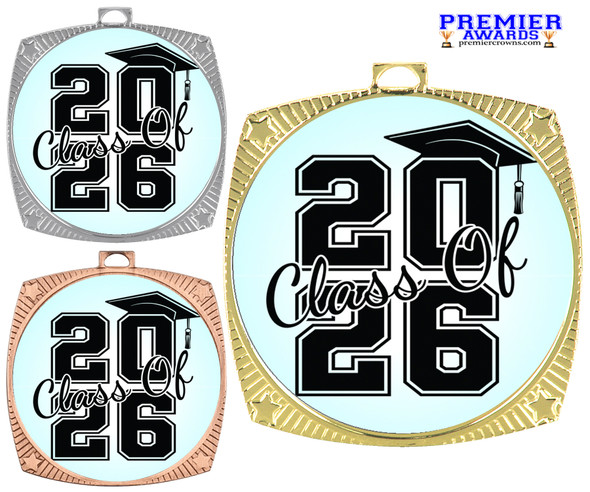 Graduation theme medal. Celebrate their achievement! Choice of gold, silver or bronze finish.  929