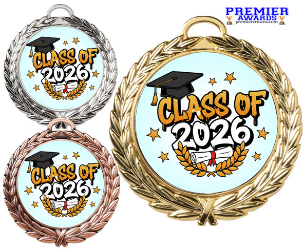 Graduation theme medal. Celebrate their achievement! Choice of gold, silver or bronze finish.  md52-2