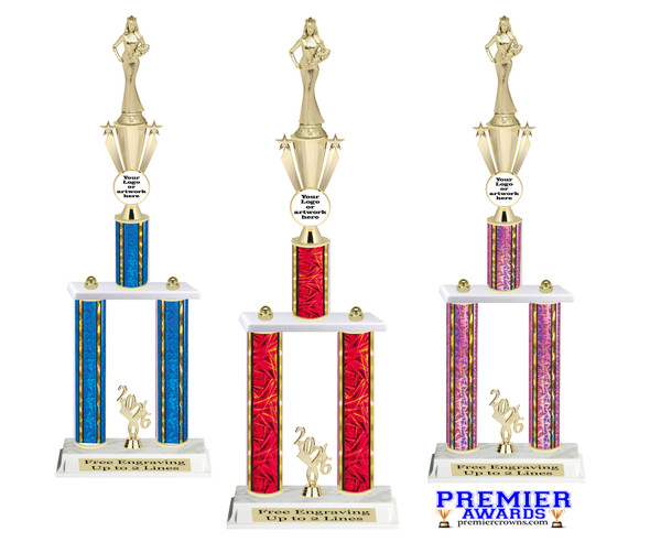 Custom  2 Column Trophy - Available in multiple heights and column colors.  Height starts at 20 inches. Upload your logo.  Gold Sr Queen