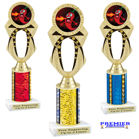 Chili - Salsa themed trophy - great for your salsa contest, chili contests, BBQ competitions and more. Choice of color and trophy height.   Ph29