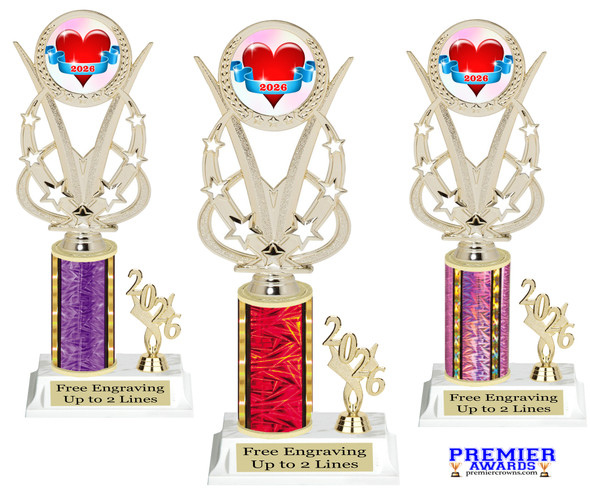  Valentine - Heart trophy that will be great for pageants, contests or the Sweetheart in your life.  Select trophy height and column color. With current year. Height starts at 10" tall - h415