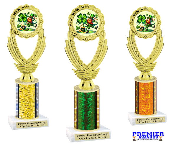 St Patrick's Day Theme trophy. Great trophy for your pageants, events, contests and more!  Choice of color and trophy height.  Ph44
