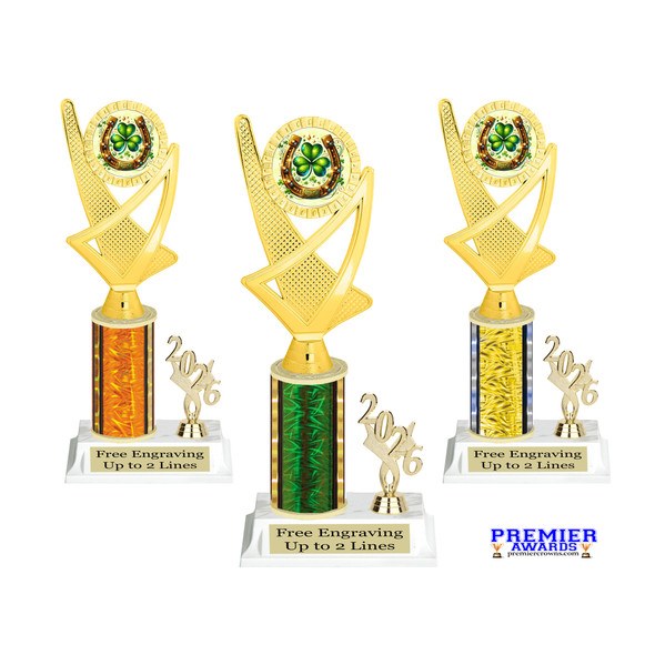 St Patrick's Day trophy that will be great for pageants, contests or the Leprechaun in your life.  Select trophy height and column color. With current year. Height starts at 10" tall - ph107