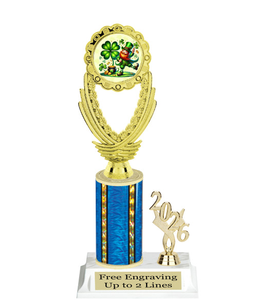 St Patrick's Day trophy that will be great for pageants, contests or the Leprechaun in your life.  Select trophy height and column color. With current year. Height starts at 10" tall - ph44