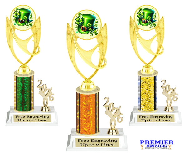 St Patrick's Day trophy that will be great for pageants, contests or the Leprechaun in your life.  Select trophy height and column color. With current year. Height starts at 10" tall - ph28