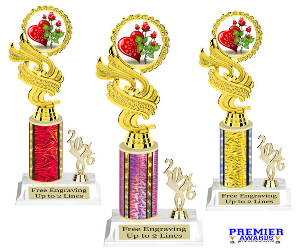 Valentine - Heart trophy that will be great for pageants, contests or the Sweetheart in your life.  Select trophy height and column color. With current year. Height starts at 10" tall - ph40-2