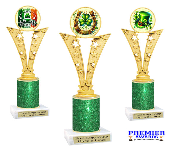 St. Patrick's Day Trophy with green glitter column.  Great award for your pageants, events, competitions, parties and more.  91546