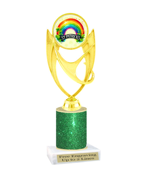 St. Patrick's Day Trophy with green glitter column.  Great award for your pageants, events, competitions, parties and more. ph28