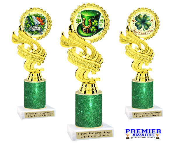 St. Patrick's Day Trophy with green glitter column.  Great award for your pageants, events, competitions, parties and more. ph40
