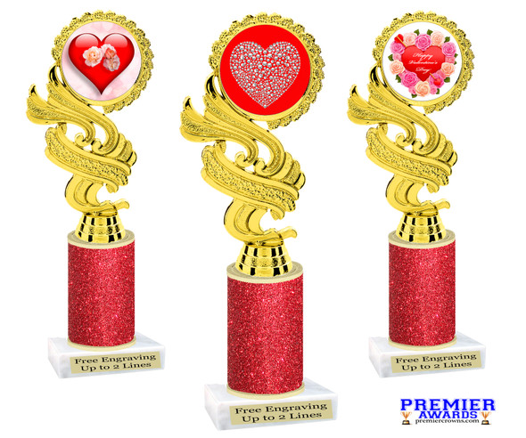 Valentine - Heart Trophy with red glitter column.  Great award for your pageants, events, competitions, parties and more. ph40