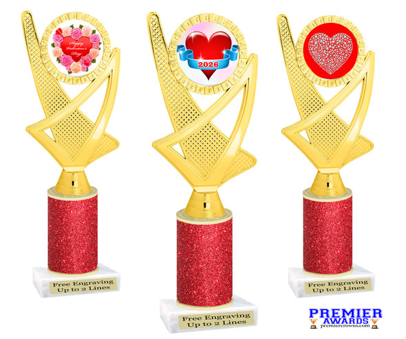  Valentine - Heart Trophy with red glitter column.  Great award for your pageants, events, competitions, parties and more. ph107