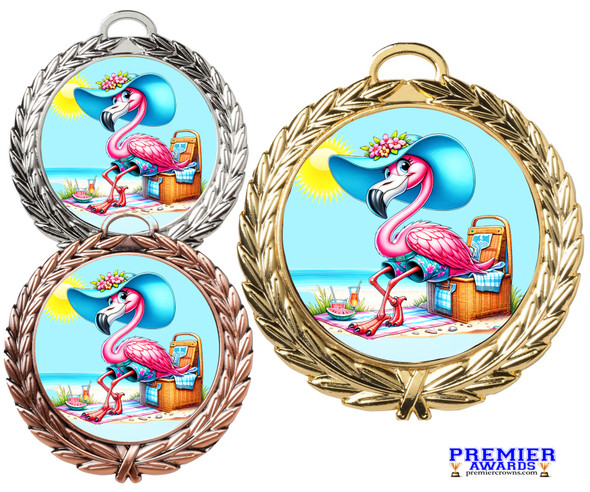 Cute, colorful  Flamingo medal with choice of gold, silver or bronze finish.  Free neck ribbon and engraved disc on back.  md52