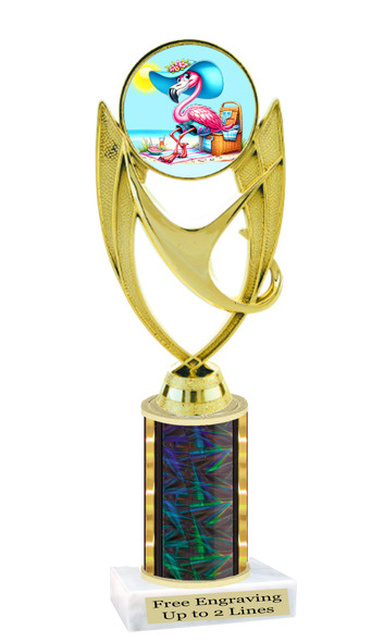 Cute Flamingo theme trophy for any themed event, contest, competition or as a fun award for anyone..  Perfect for summer, ocean or beach themed pageants.  Choice of color and trophy height.  ph28-2