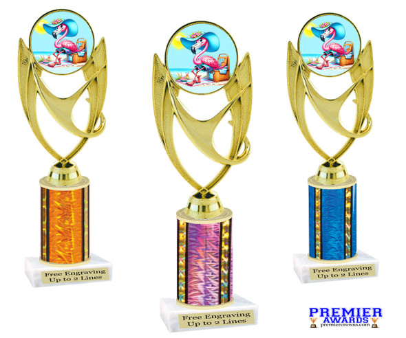 Cute Flamingo theme trophy for any themed event, contest, competition or as a fun award for anyone..  Perfect for summer, ocean or beach themed pageants.  Choice of color and trophy height.  ph28-2
