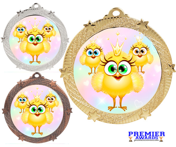 Easter Chicks with crown medal for your Easter themed events, pageants, contests and more.  Available in gold, silver or bronze finish.  950