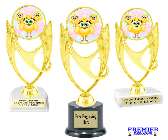 Adorable trophy for Easter Egg Hunts, Egg decorating contests, Easter pageants and more.  6" to 8" tall with choice of base
