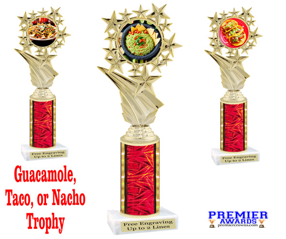 Taco - Burrito - Guac theme  trophy with choice of trophy height and artwork. Great for your cooking contests, themed events and more. 696 red