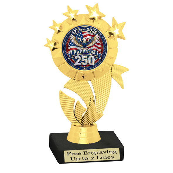 Patriotic theme trophy. Great for 4th of July events, 250 Anniversary events and more! 6" to 8" tall with choice of base.  ph48