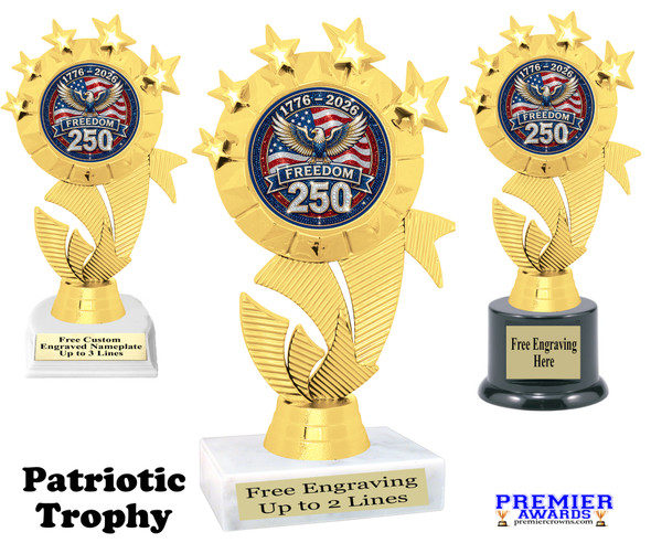 Patriotic theme trophy. Great for 4th of July events, 250 Anniversary events and more! 6" to 8" tall with choice of base.  ph48