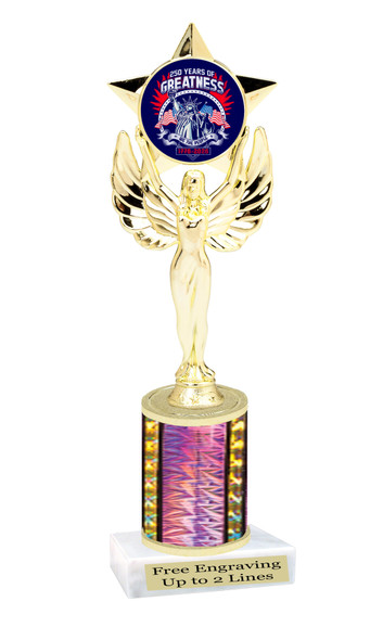 Patriotic theme trophy for your patriotic pageants, 4th of July events, contests, and more!  Choice of color and trophy height.  7517
